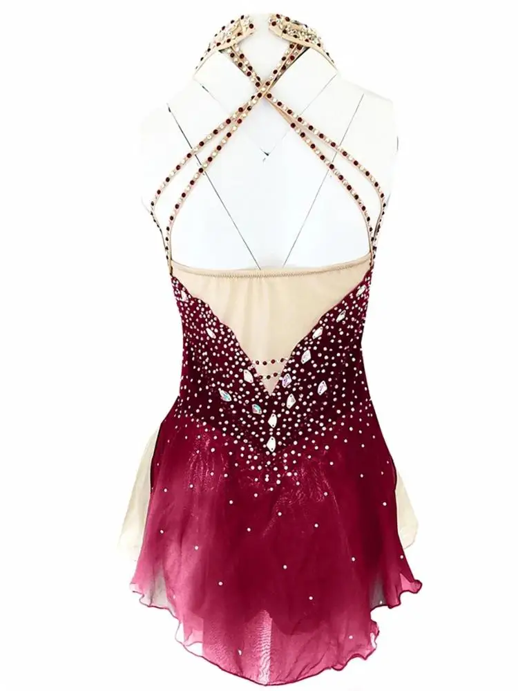 Figure skating dress girls sleeveless rhinestones skirt spandex dance costumes sexy ice skating dress