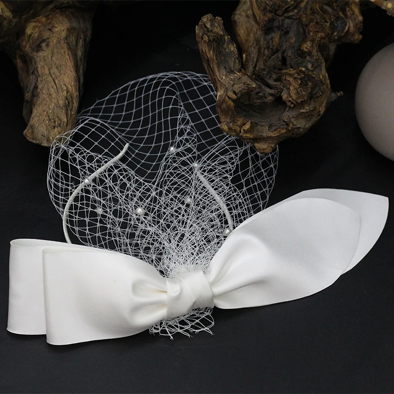 
BH1388 YIWU hera Vintage pearls short Face fishnet veil Bridal Wedding hair bow headband Party Accessories 