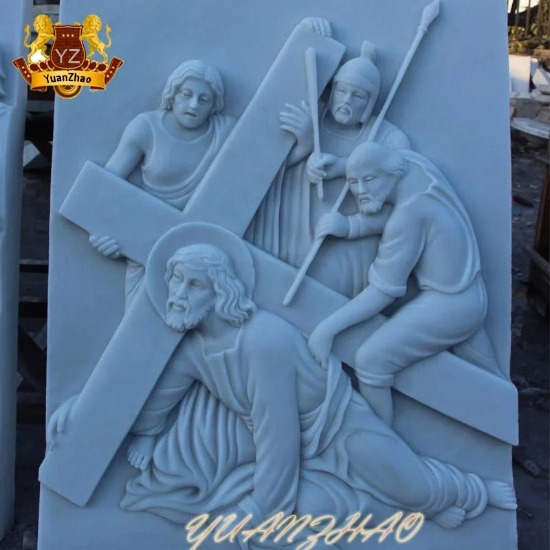 Custom Stone Craft Wall Stone Crucifix Relievo Religious Jesus Hanging Marble Relief Sculpture