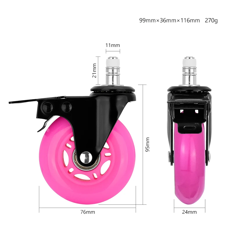 Universal 3 Inch PU Furniture Chair Casters Office Chair Caster Wheel Swivel Wheels with Mute Inserts Double Ball Dual Brake