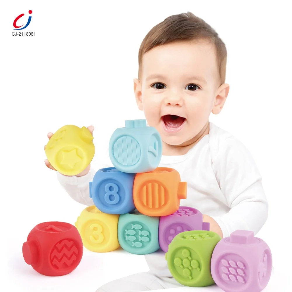 Infant emboss bath toy safe rubber teether educational creative silicone baby building soft blocks