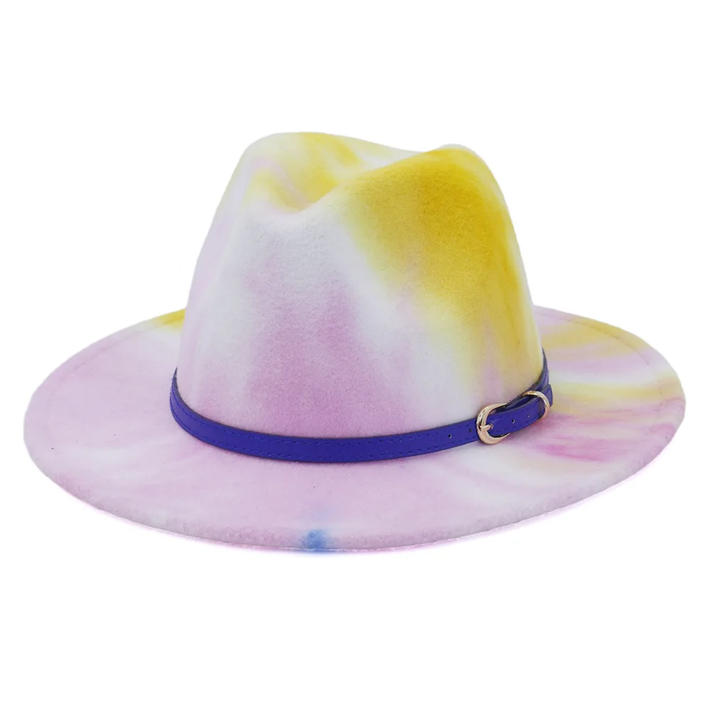 
2021 wholesale fadora hats tie dye wide brim custom men felt hats with belts panama fedora hats for women 