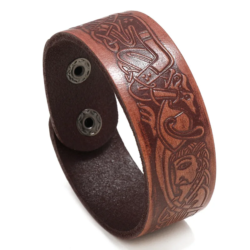 New design Vintage genuine leather emboss Ancient Egyptian totems bracelet Men Wide Retro Simple cuff bracelet gifts