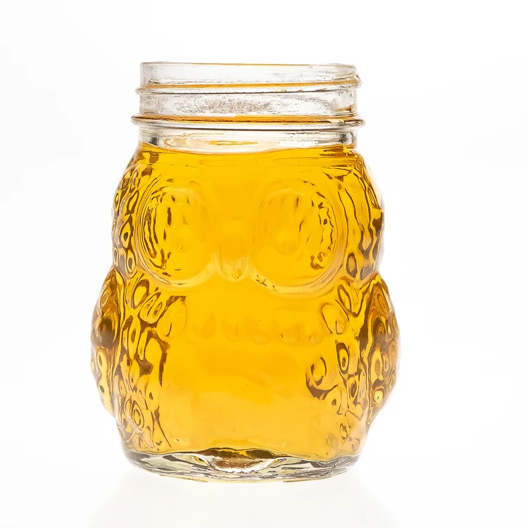 Factory direct selling 400ml owl animal shaped beverage jars clear empty Glass mason jar mug with lids