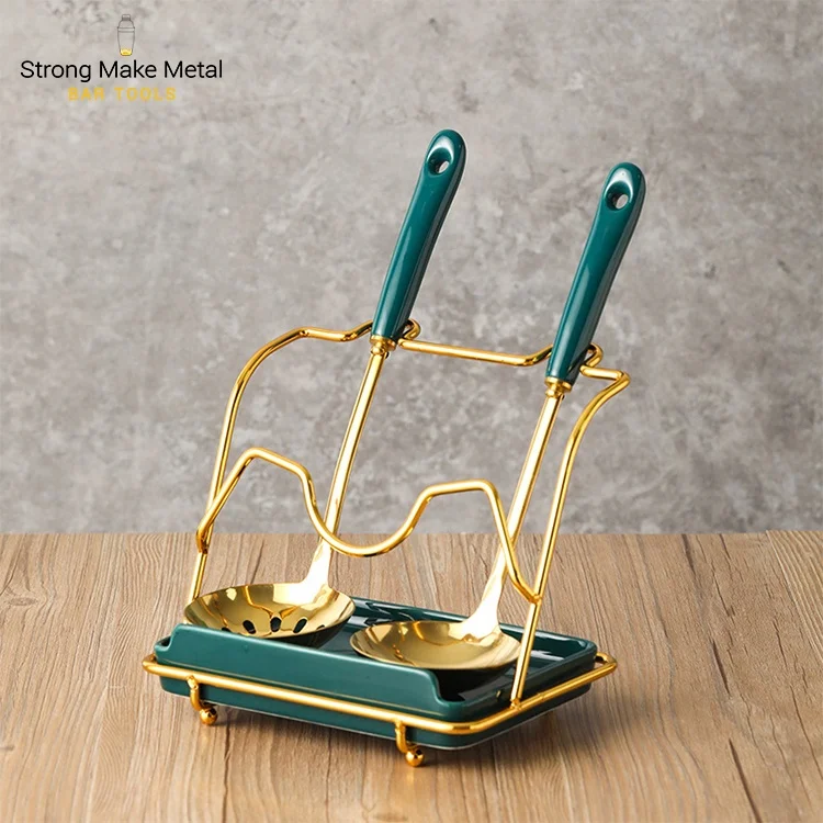 New arrival Gold stainless steel 304 Korean hot pot soup slotted spoon long handle large household Spoon rest with lid holder