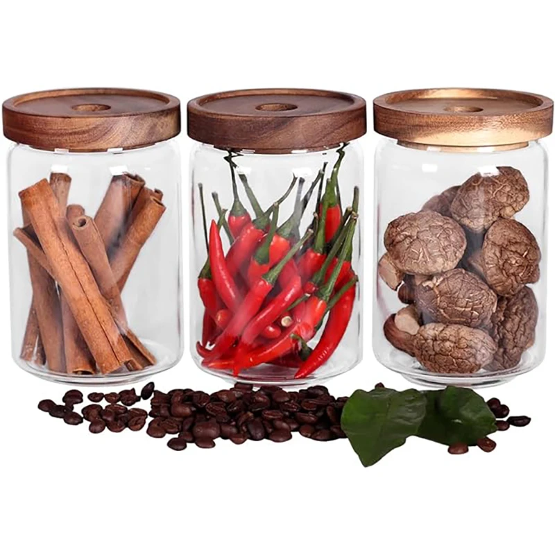 Glass Jar Storage Cookie Candy Food Glass with Decorative Wooden Lids Air Tight 20oz 600ml Kitchen Storage Bottles & Jars Cover