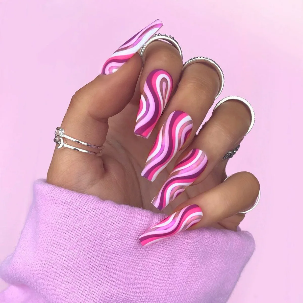 LASHINE Coffin Press on Nails Long False Nails Pink French Glue on Nails 24Pcs