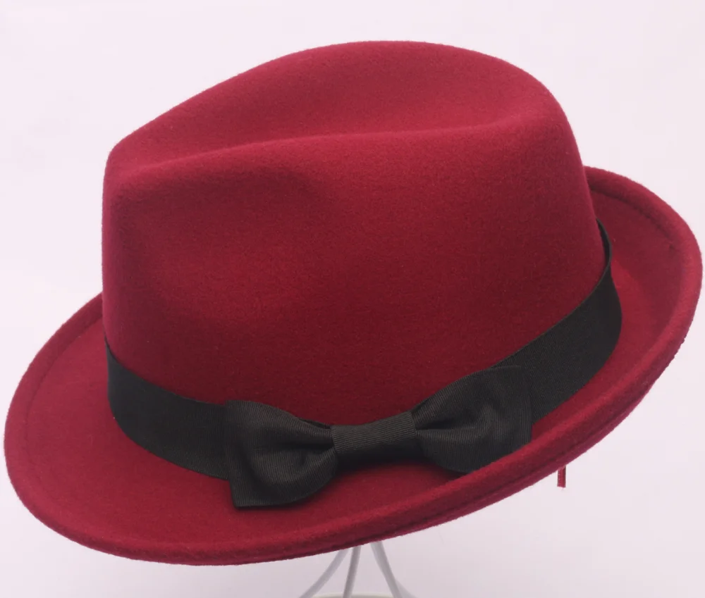 
Women Men Felt Fedora Trilby Jazz Hat Gangster Cap Short Brim felt fedora hat cap with Black bowknot Ribbon Band 