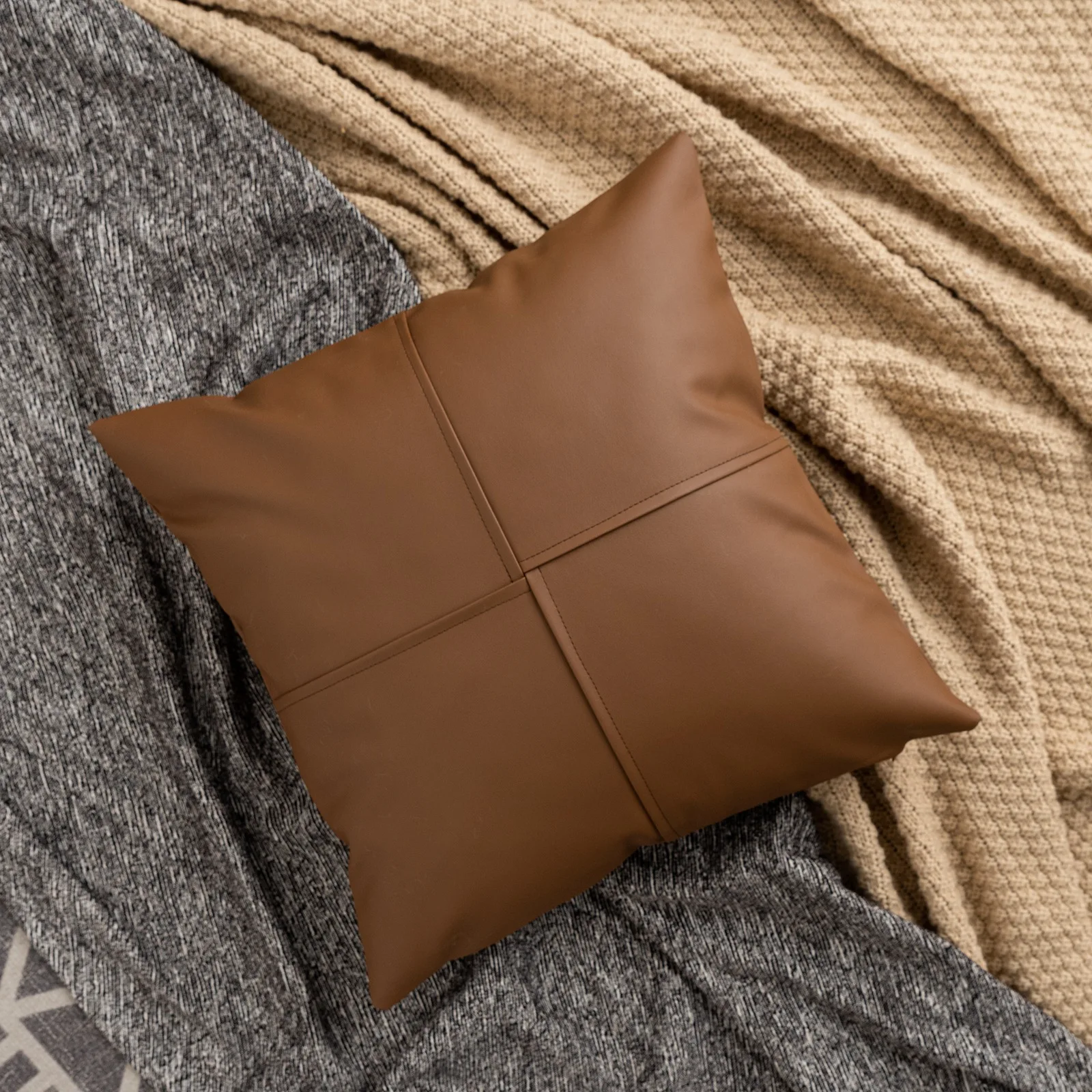 Autumn Winter Brown Patchwork Geometric Cushion Cover Luxury PU Velvet Embroidery Throw Pillowcase