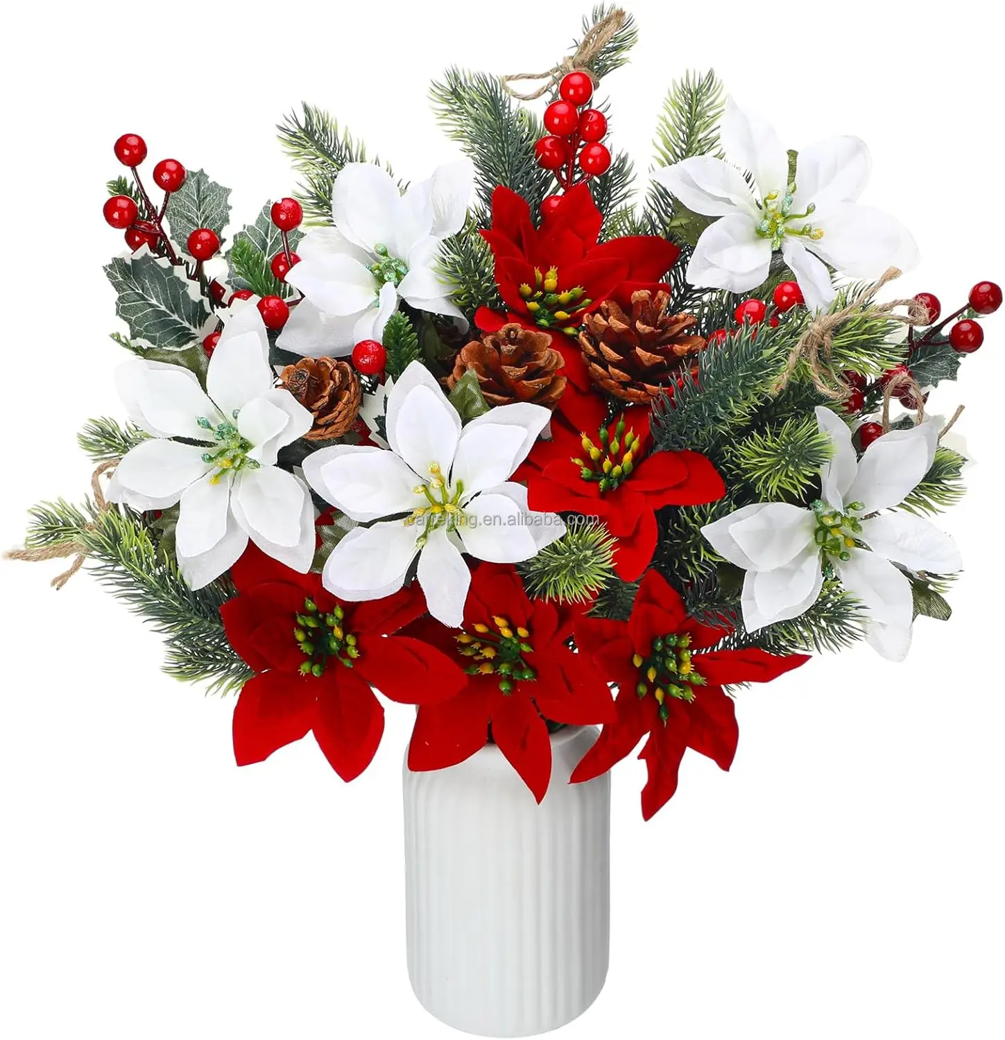 20 Pcs Christmas Red Artificial Flowers Bouquet Christmas Floral Pine Cones For Table Centerpieces