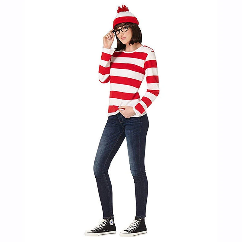 Family Halloween Costume Sets Red and White Striped Tee Shirt Beanies With Nerd Glasses Halloween Outfit Suit With Accessory