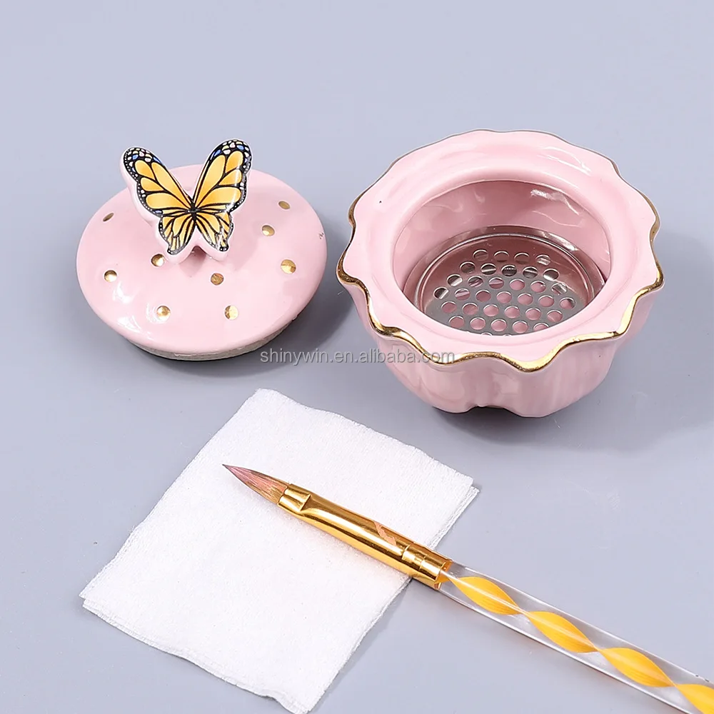 Manicure Nail Art Tool Acrylic Liquid Powder Bowl Dish Holder Ceramic Butterfly Decoration Nail Brush Washing Cup