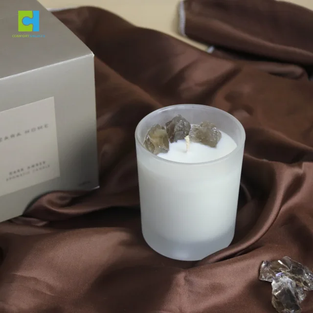 Glass Jar Wood Lids 200g Natural Soy Wax Crystal Scented Candle with gems stone inside