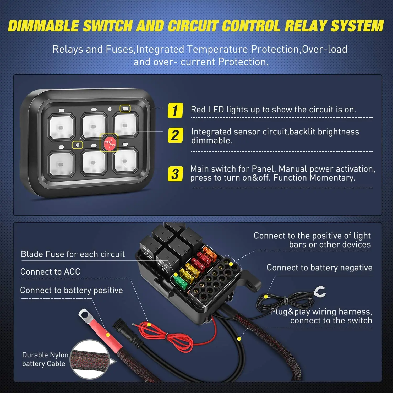 Automatic Dimmable 6 Gang Switch Panel with Universal Circuit Control Relay System Box for Cars Trucks Boats ATV UTV SUV