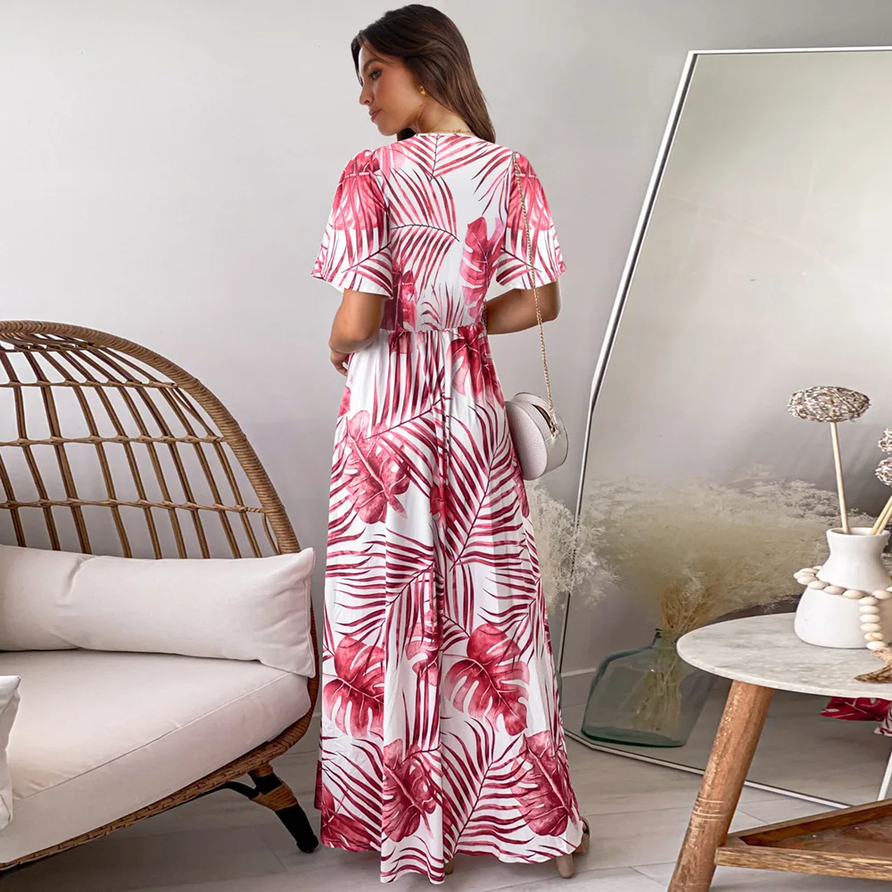 2022 New Arrivals Sexy Slit V Neck Floral Print Beach Maxi Dresses Sundress Boho Casual Dress For Ladies Clothes