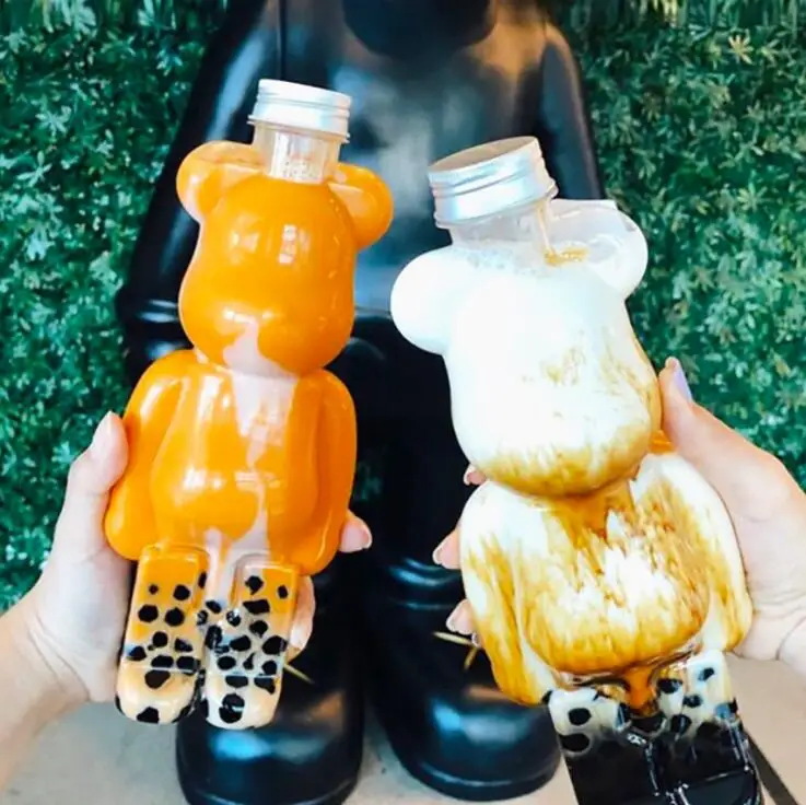 700 ml 500 ml 350 ml Cute PET Food Grade Empty Boba with Aluminum PP Caps plastic honey bear bottles bulk