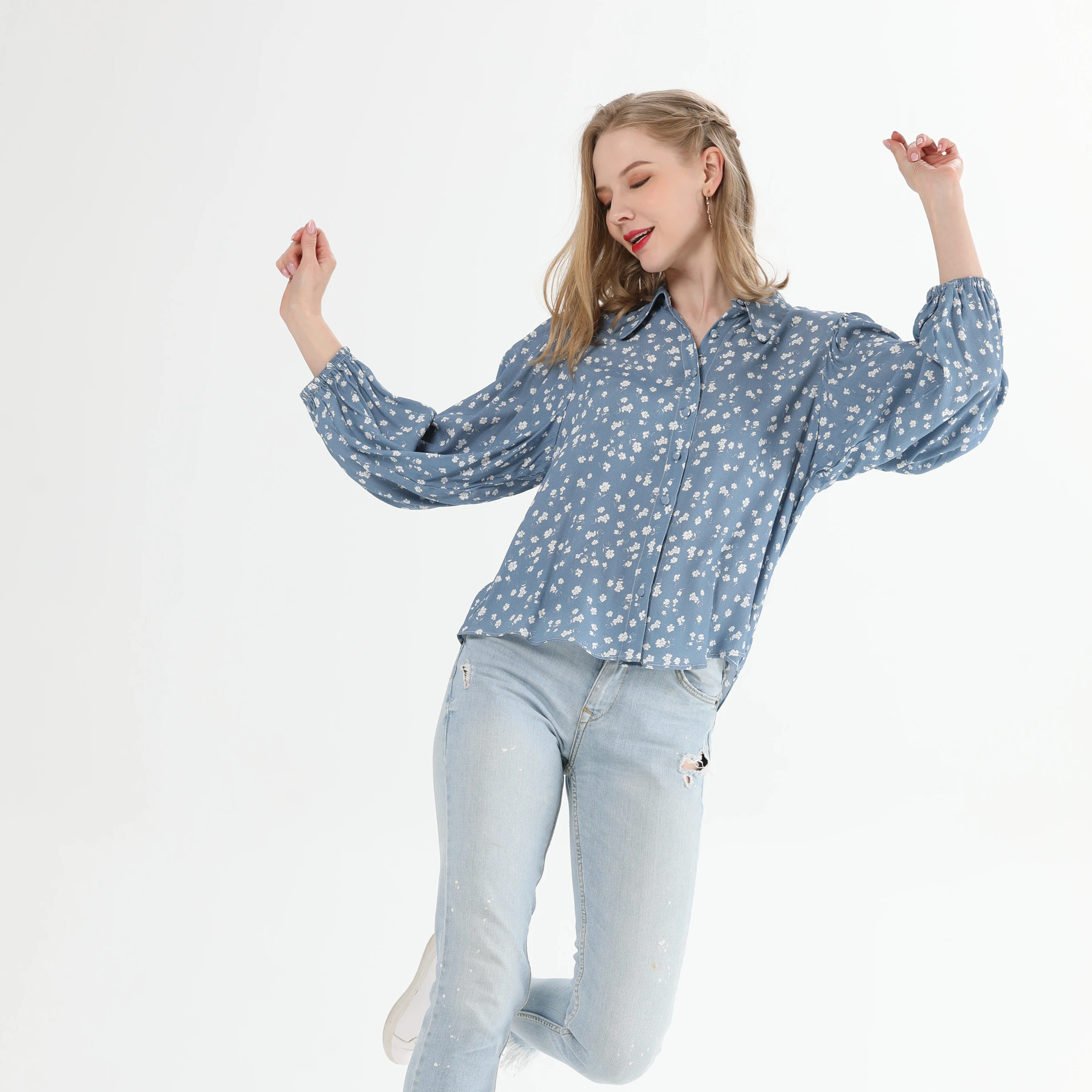 Ladies Elegant Fashion Spring Long Lantern Sleeve Turn Down Collar Shirts Blouse for Women