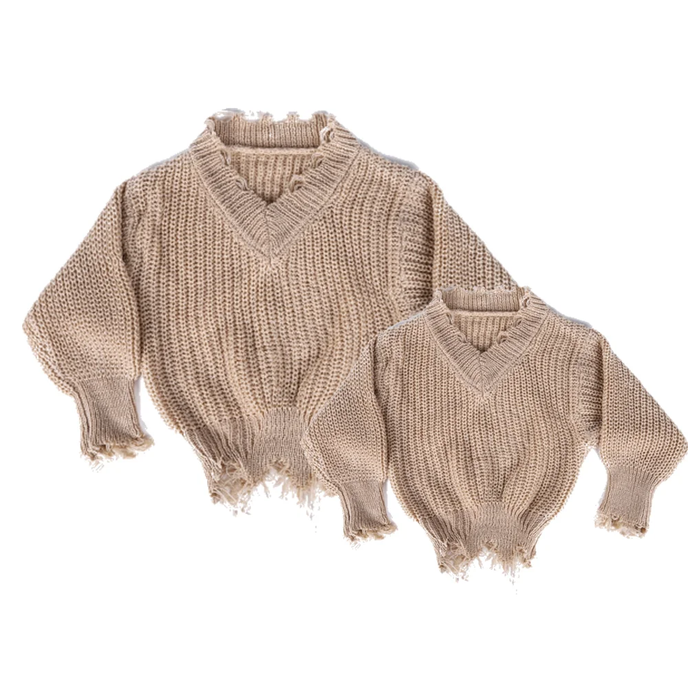 Custom V-neck Tassels Sweaters Mommy and Me Fall Clothing