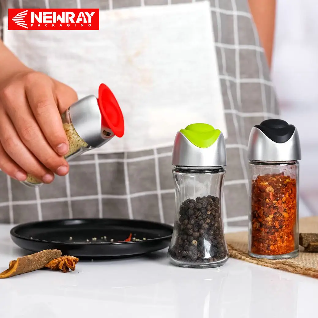 2023 New Creativl Empty Round Press and Pop100 ml Kitchen Spice Storage Container Seasoning Pepper Glass Jar for Home Use