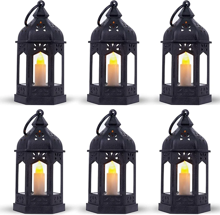 Mini Lantern with Flickering LED Candles Vintage Black Decorative Hanging Candle Lanterns For Halloween,Wedding Decorations