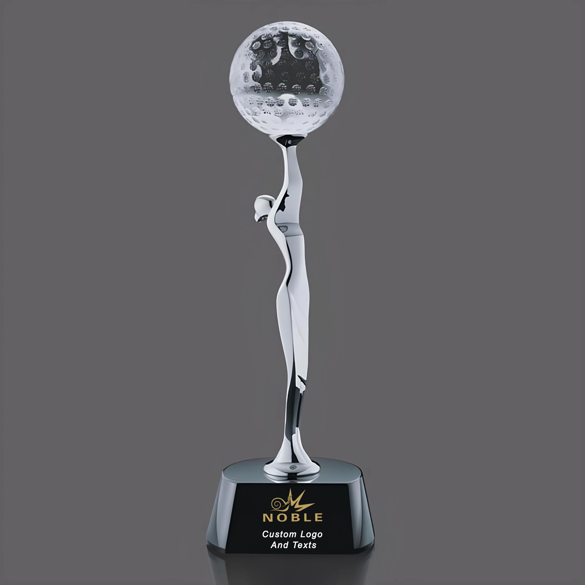 Noble Awards High Quality Silver Lady Hold Crystal Golf Ball Up Custom Logo A Hole In One  Golf Trophy