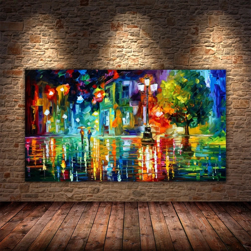 Lover Rain Street Tree Lamp Knife Scenery Oil Painting On Canvas Wall Art Painting For Living Room Home Decor