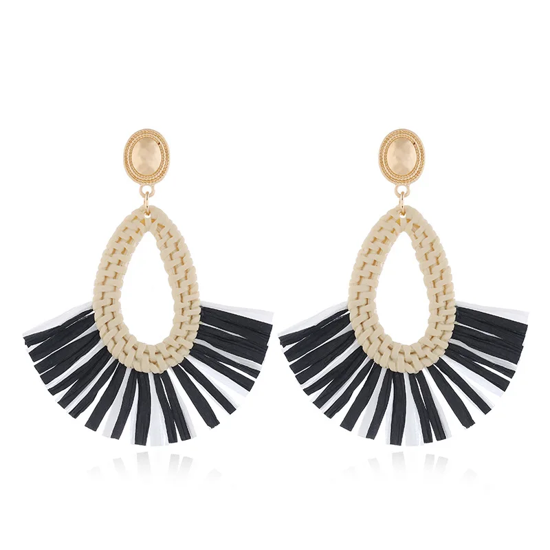 Ethnic Style Raffia Drop Earrings Boho Eco Friendly Bamboo Wove Pendant Earring Personality Beach Vacation Women Fashion Jewelry