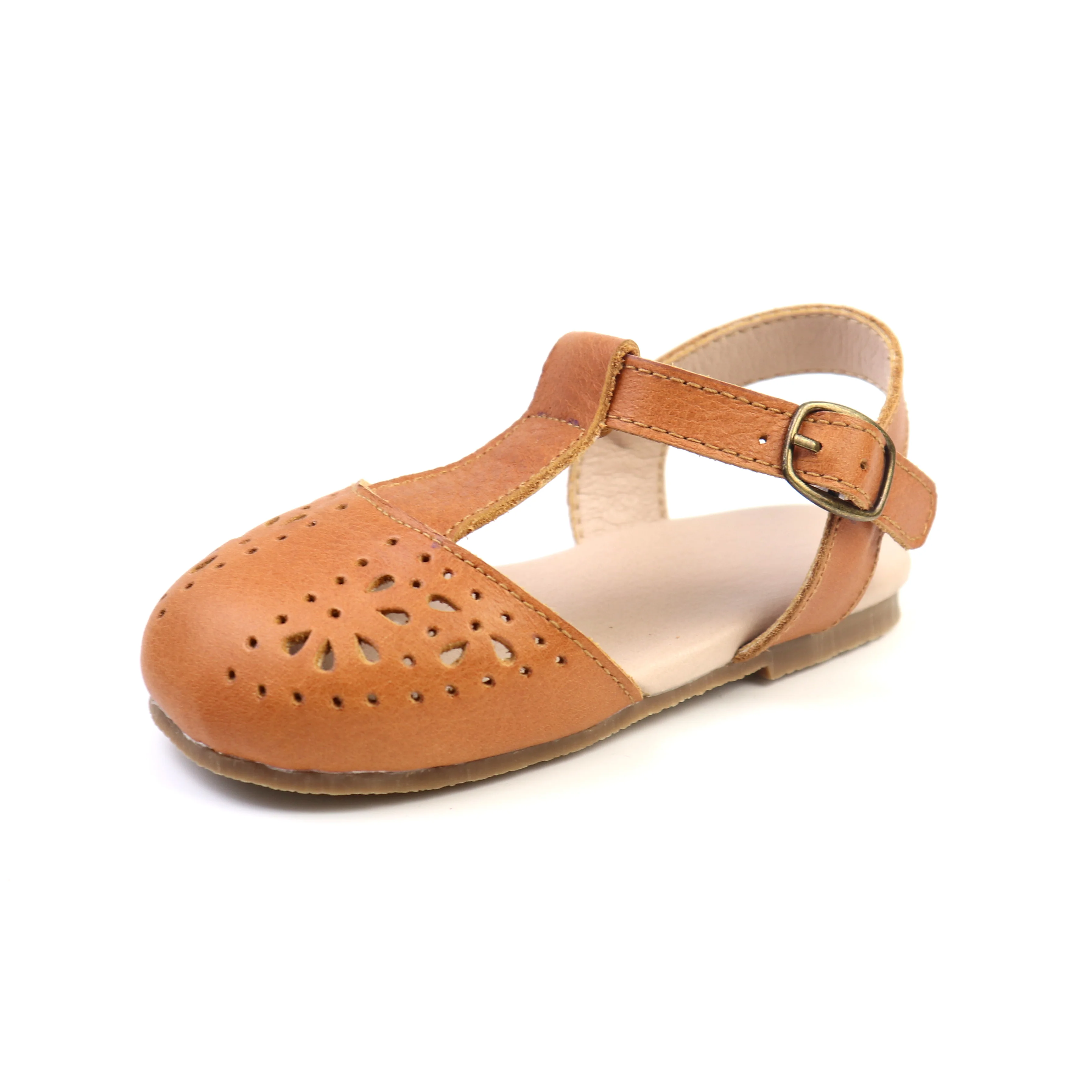 
Classic leather cutout design Brown Color Mary Leather T-Bar Flats for Kids Shoes 