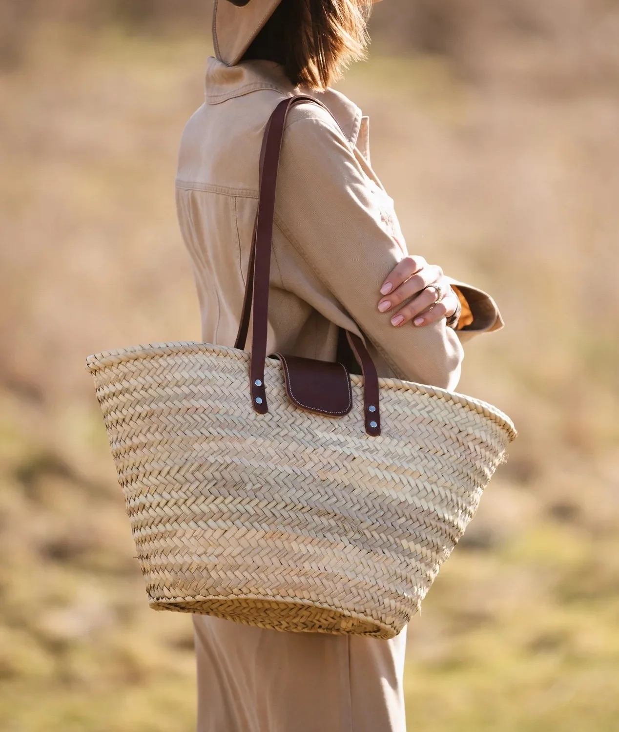 Handwoven Moroccan Basket Bag Beach Summer bag Straw Basket Bags With Brown Leather Handles