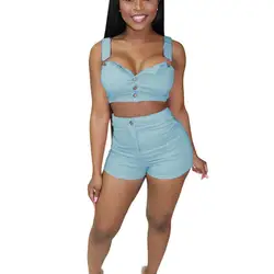 Factory Direct Sales Women Fashion Clothing Denim Camisole Tops Skinny Denim Shorts Two-piece Suit