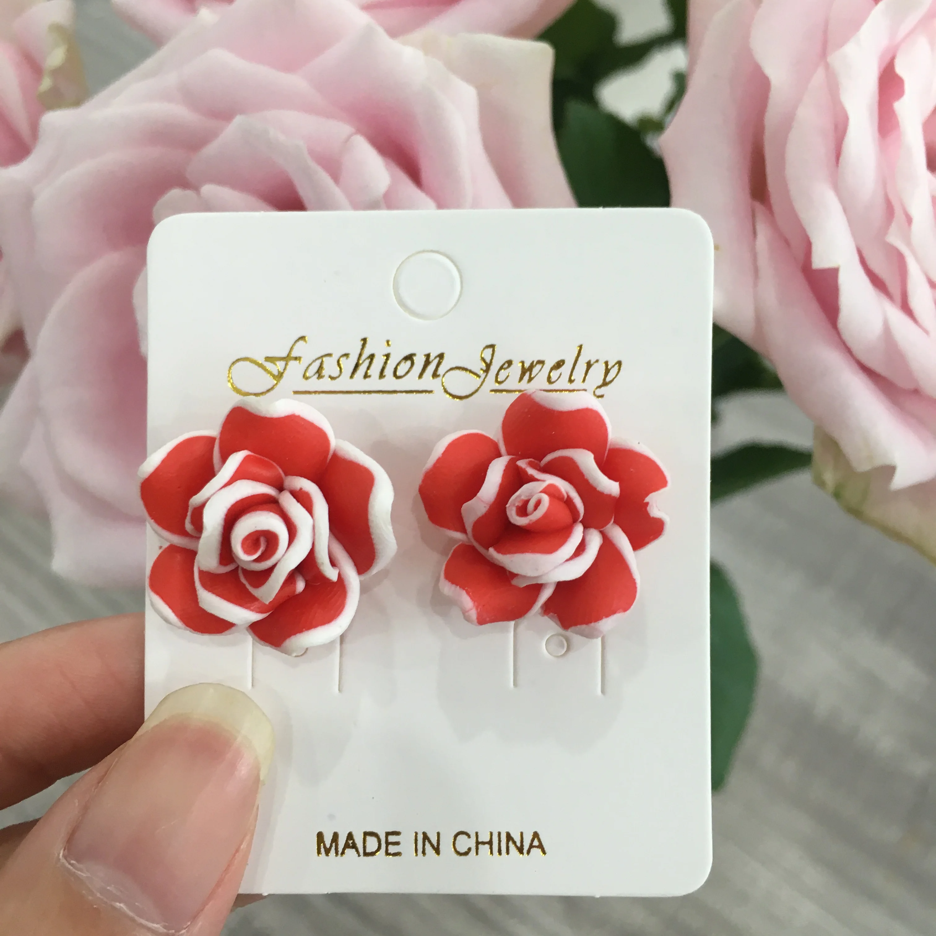 Korean Style Women Multi-layer Rose Flower Stud Earring Handmade Polymer Clay Earrings