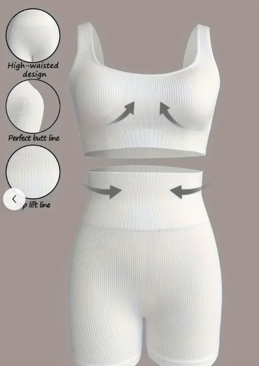 Quick drying round neck crop top solid color rib knit sports set butt high lifting slimming short sporty suit women activewear