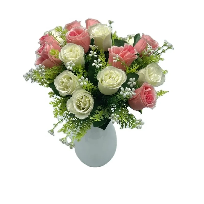 BS0124 French Romantic Style 18 Head Pink White Home Table Wedding Decoration Silk Rose Flower Bunch Artificial Flowers Bouquet