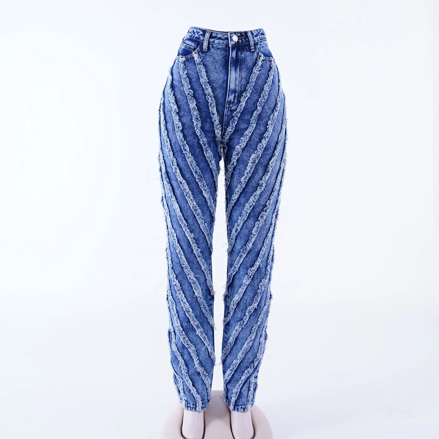 SKYKINGDOM gz longchan custom logo jeans women straight blue jean sets women casual wear stripes tassel jeans big size for woman