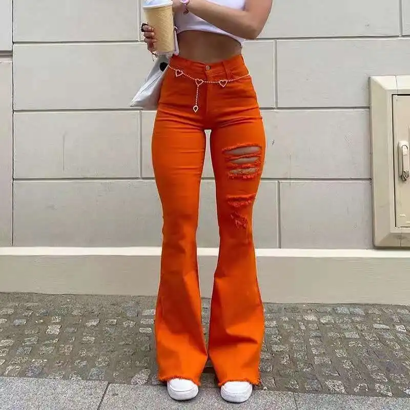 BOBOYU wholesale orange ripped denim jeans women slim fit high waist big bell bottom jeans street style fashionable