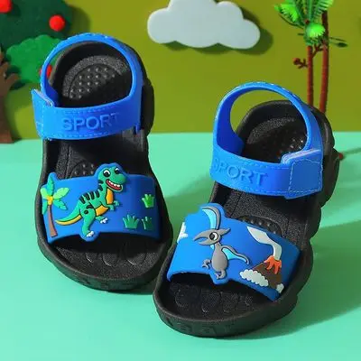 Cute Kids Shoes 2021 New Design Baby Cartoon Dinosaur  Soft Bottom Toddler Sandals PVC Green Blue Brown Slides Slippers
