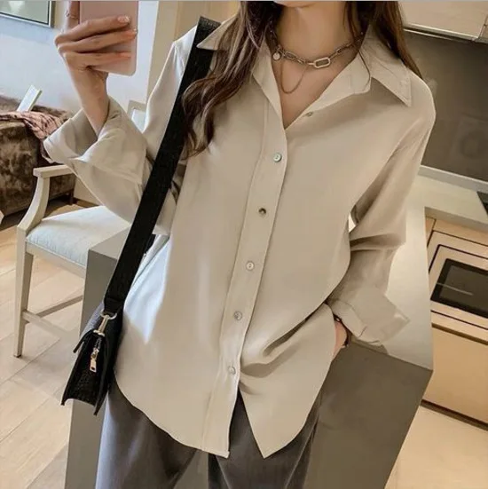 Wholesale 2021 Autumn New Style Korean Retro Temperament Satin Solid Color Loose and Thin Lapel Long-sleeved Bottoming Shirt