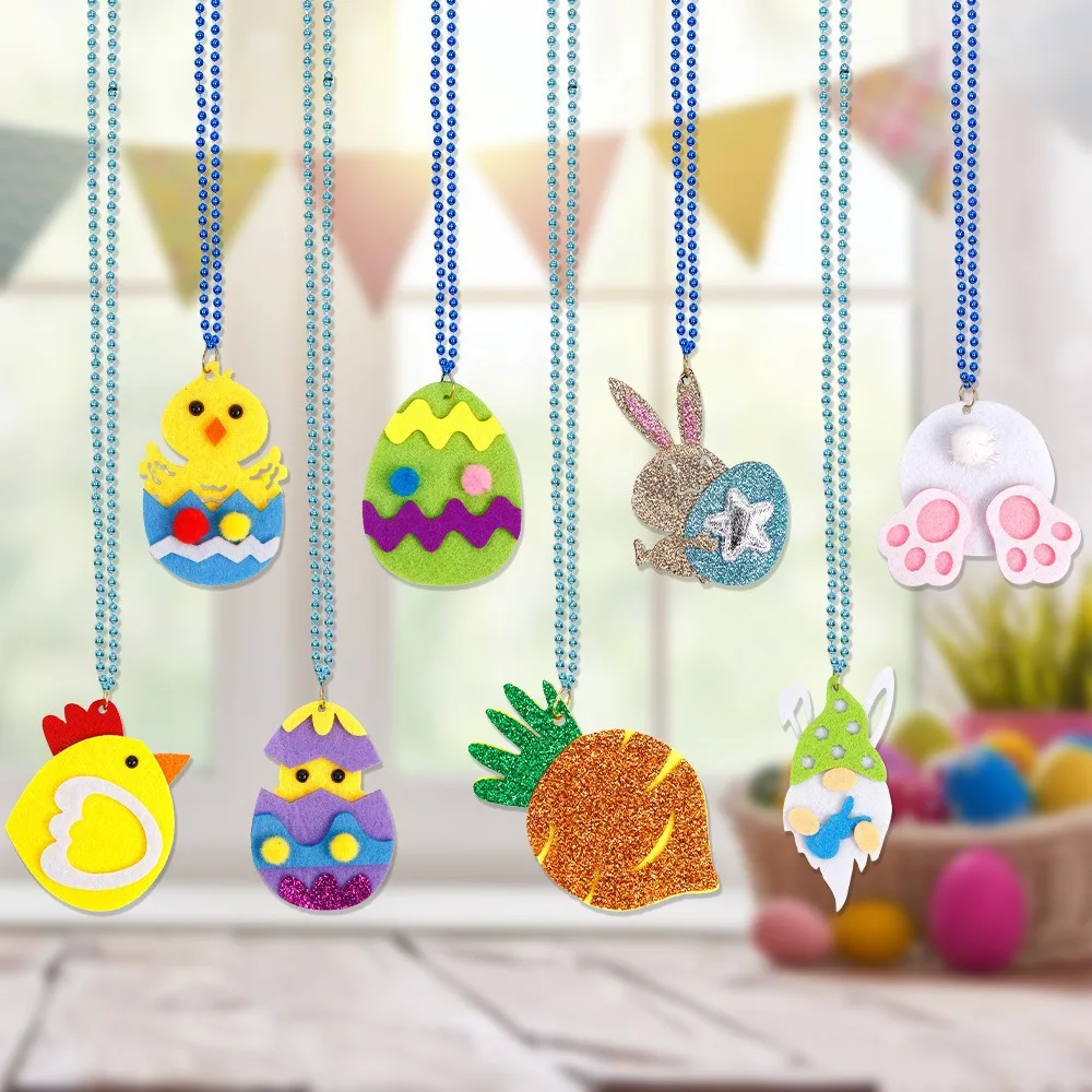 Kids Cartoon Pendant Ornament Chicken Rabbit Bead Chain Easter Party Decorated Egg Necklace Performance Take Photo Props