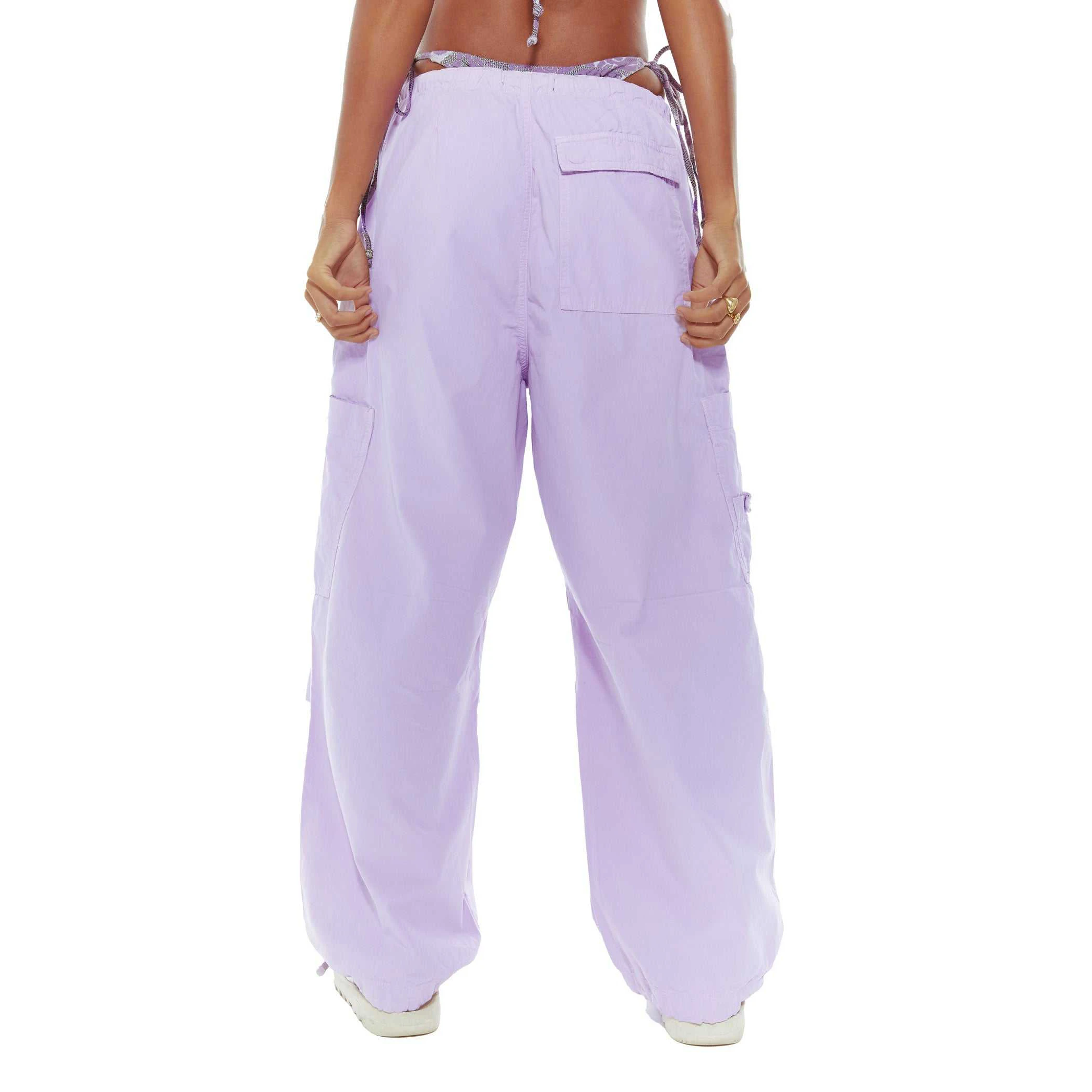 Custom Autumn Oversized Multi Pocket Style Baggy Cargo Pants Drawstring Waistband Pleated Knee Purple Woman Parachute Pants