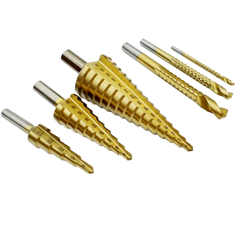 6 in 1 high speed steel titanium plated step drill tower type drilling and reaming tools for wood metal plastics