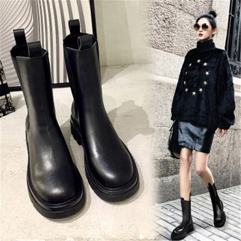 
Round toe pipe boots women short tube British style mid-tube boots Chelsea short boots women L0429 