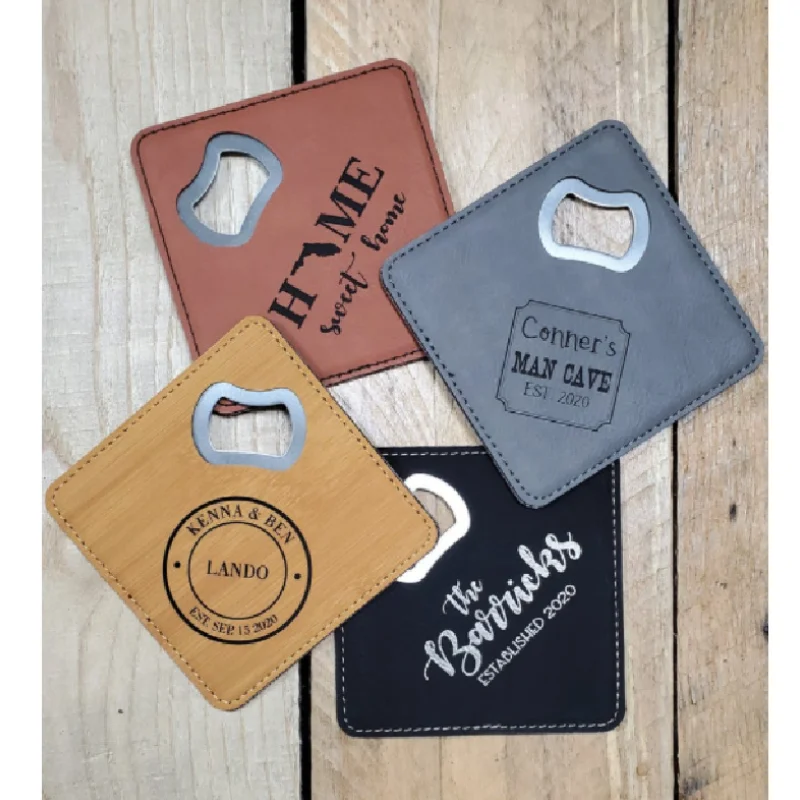 Square Stainless Steel Bottle Opener Bar KTV Wine Bottle Opener Coaster PU Leather Bottle Opener