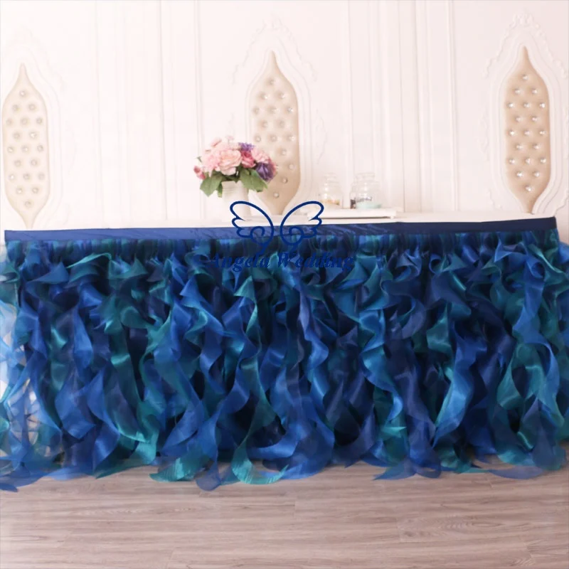 SK010M different design Christmas birthday party royal blue navy blue and green mixed organza curly willow table skirt