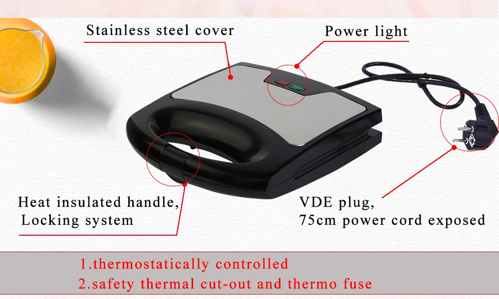 Cool touch non-stick  grill sandwich maker with stainless steel cover