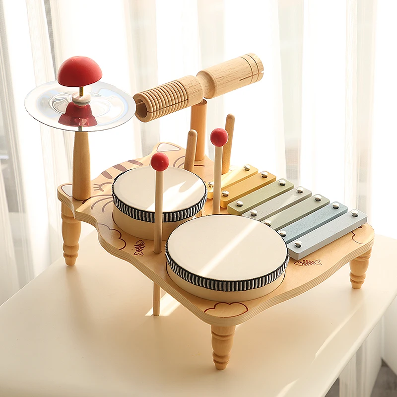 Wooden Percussion Montessori Instruments Toys Set Musical Drum Wooden Music Kit Baby Sensory Toy Kids Drum Set
