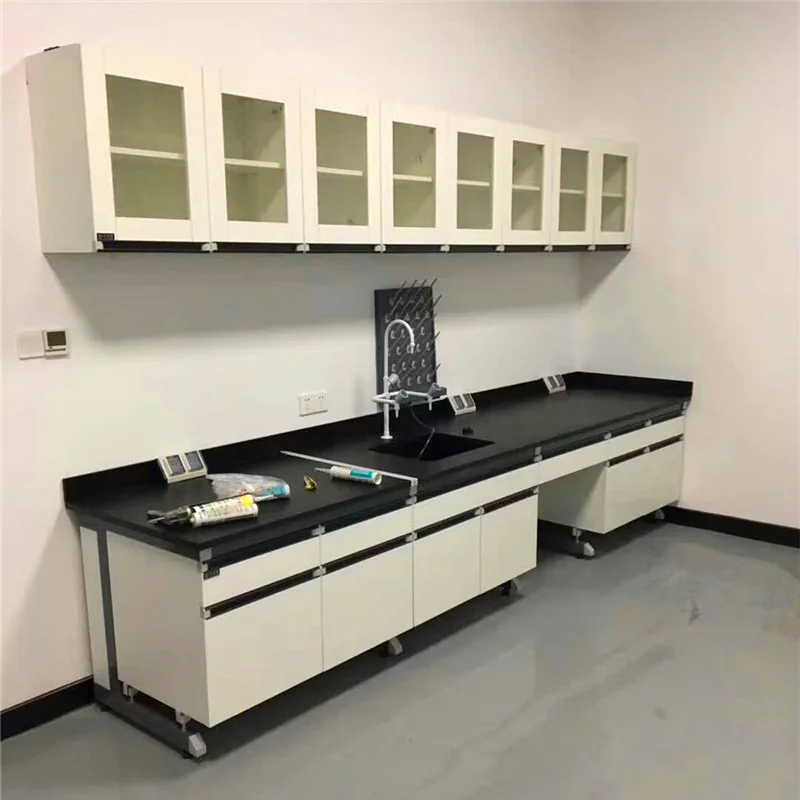 Modular laboratory furniture  Steel & Wood structure center table lab desk workbench side cabinet with hanging cabinet