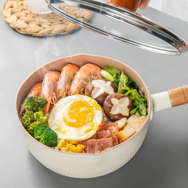 Top Seller White Kitchen Cookware Aluminum Sauce Pan Non Stick Snow Pan With Wooden Handle