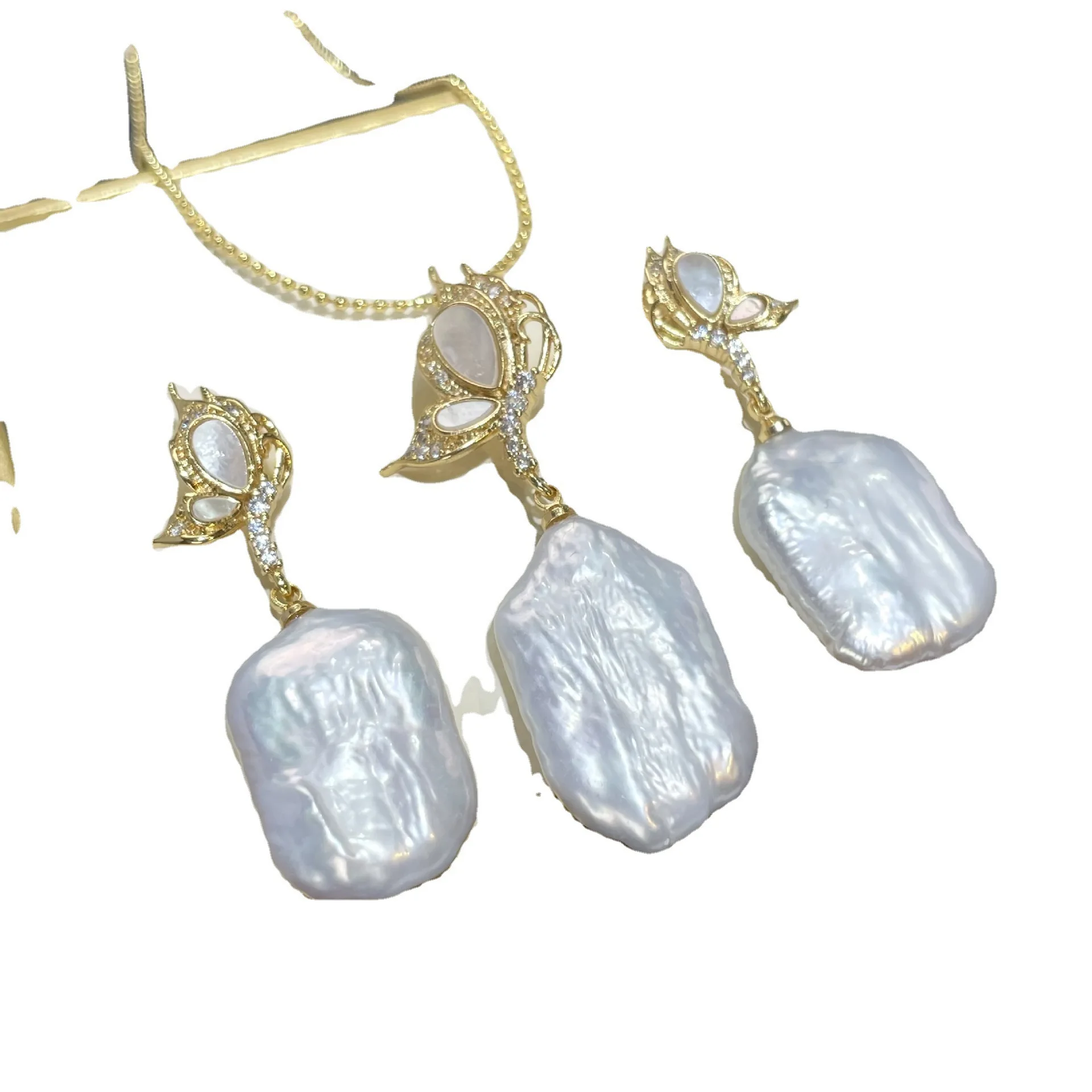 Design Natural water Square Baroque shaped beads Magic Edison Pearl earrings white Jewelry Set