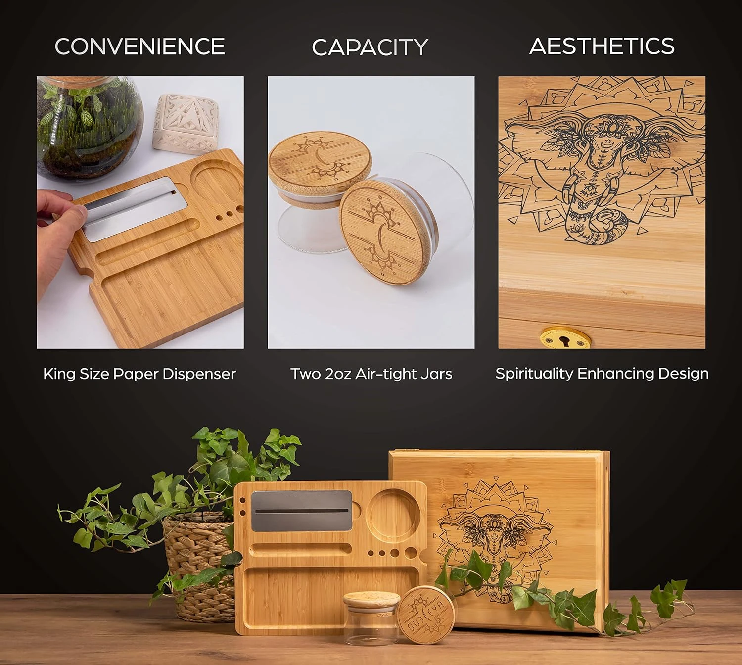 Bamboo Stash Kit, Storage Box, Rolling Tray, Rolling Kit, Rolling Tray Box with Lock, Smell Proof Box, Lock Box