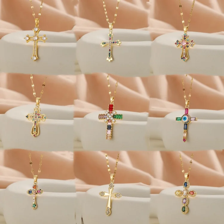 Wholesale Cross Choker Necklace Luxury Jewelry Gold Plated Gemstone Micro Inset Zircon Cross Pendent Necklaces For Women